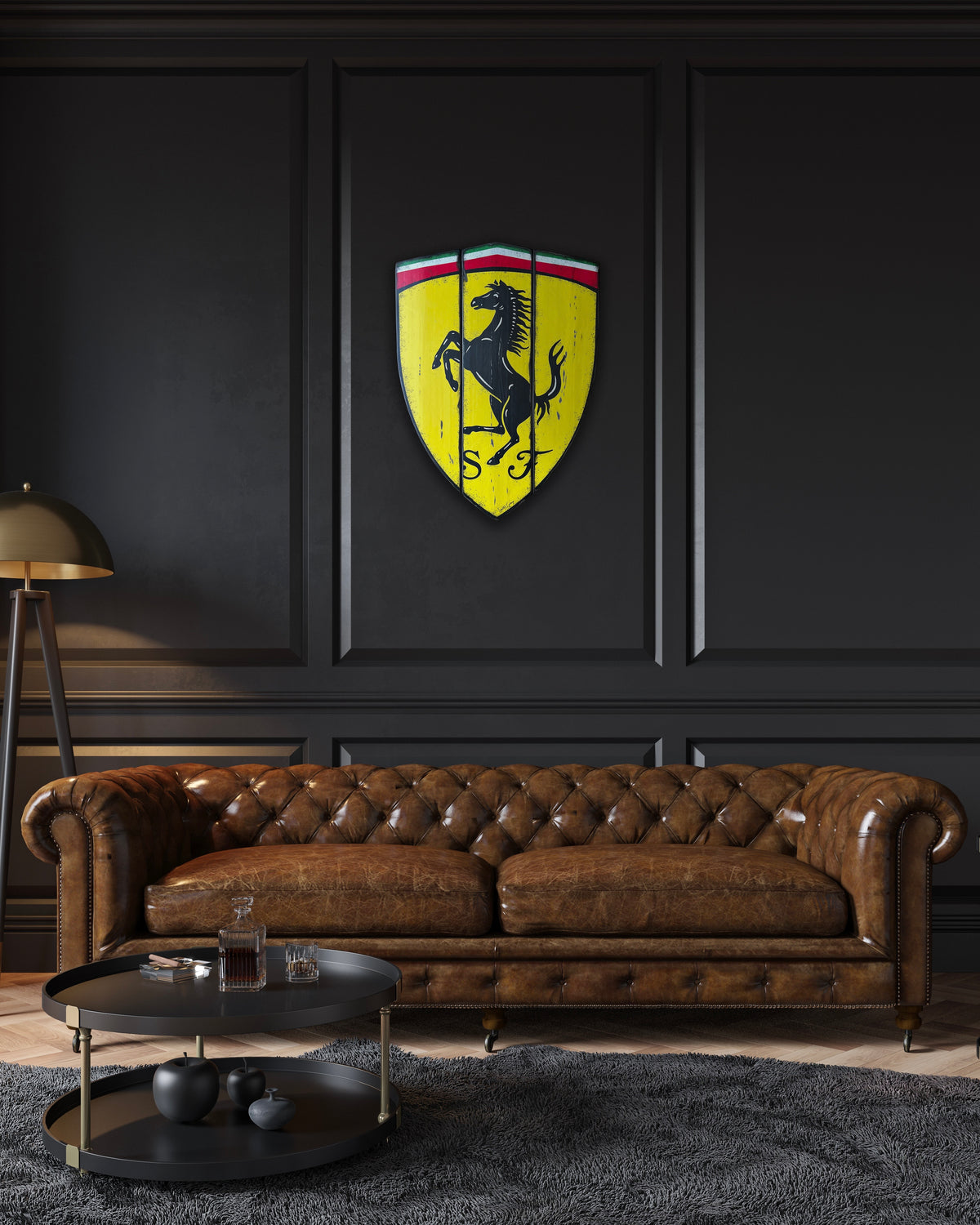 Standard Scuderia Emblem displayed above a brown leather sofa