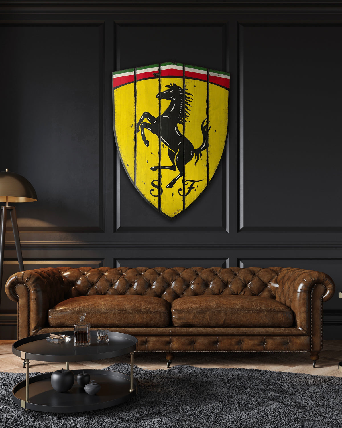 XXL Scuderia Emblem displayed above a brown leather sofa