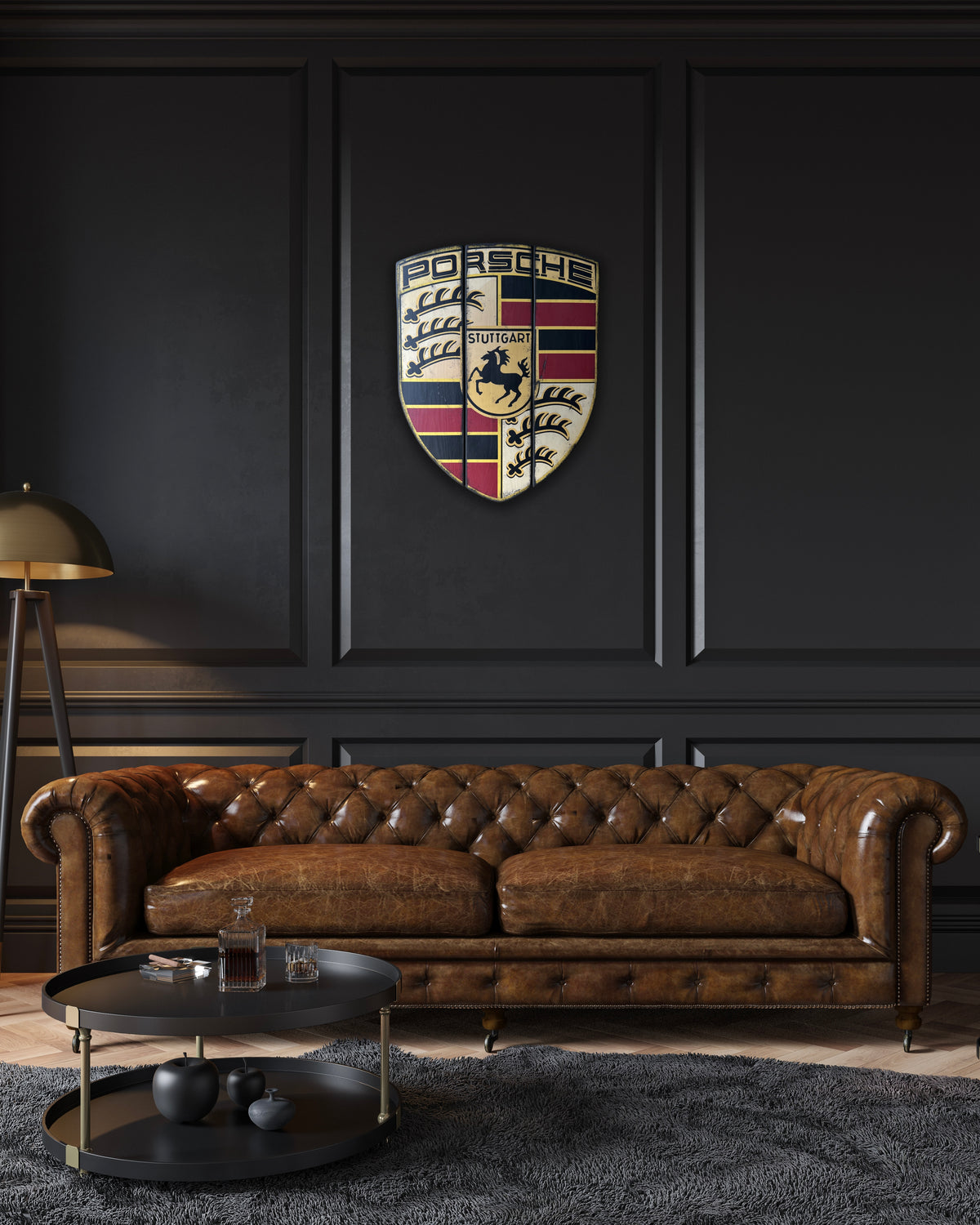 Standard Stuttgart Emblem shown above a leather sofa for size comparison