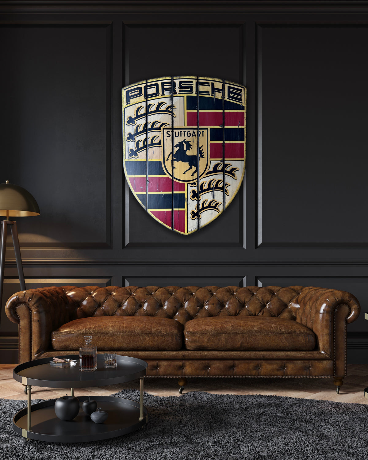 XXL Stuttgart Emblem shown above the same leather sofa for size comparison
